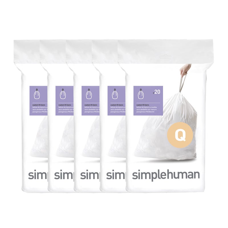 simplehuman بسيط إنسان كود Q 100 عد، حزمة موزع بطانات ملائمة مخصصة، أكياس قمامة بحبل سحب، 50-65 لتر / 13-17 جالون، أبيض - Image 1